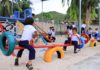 Các trò chơi làm từ lốp xe của Đoàn Khối các cơ quan tỉnh tại đảo Điệp Sơn.